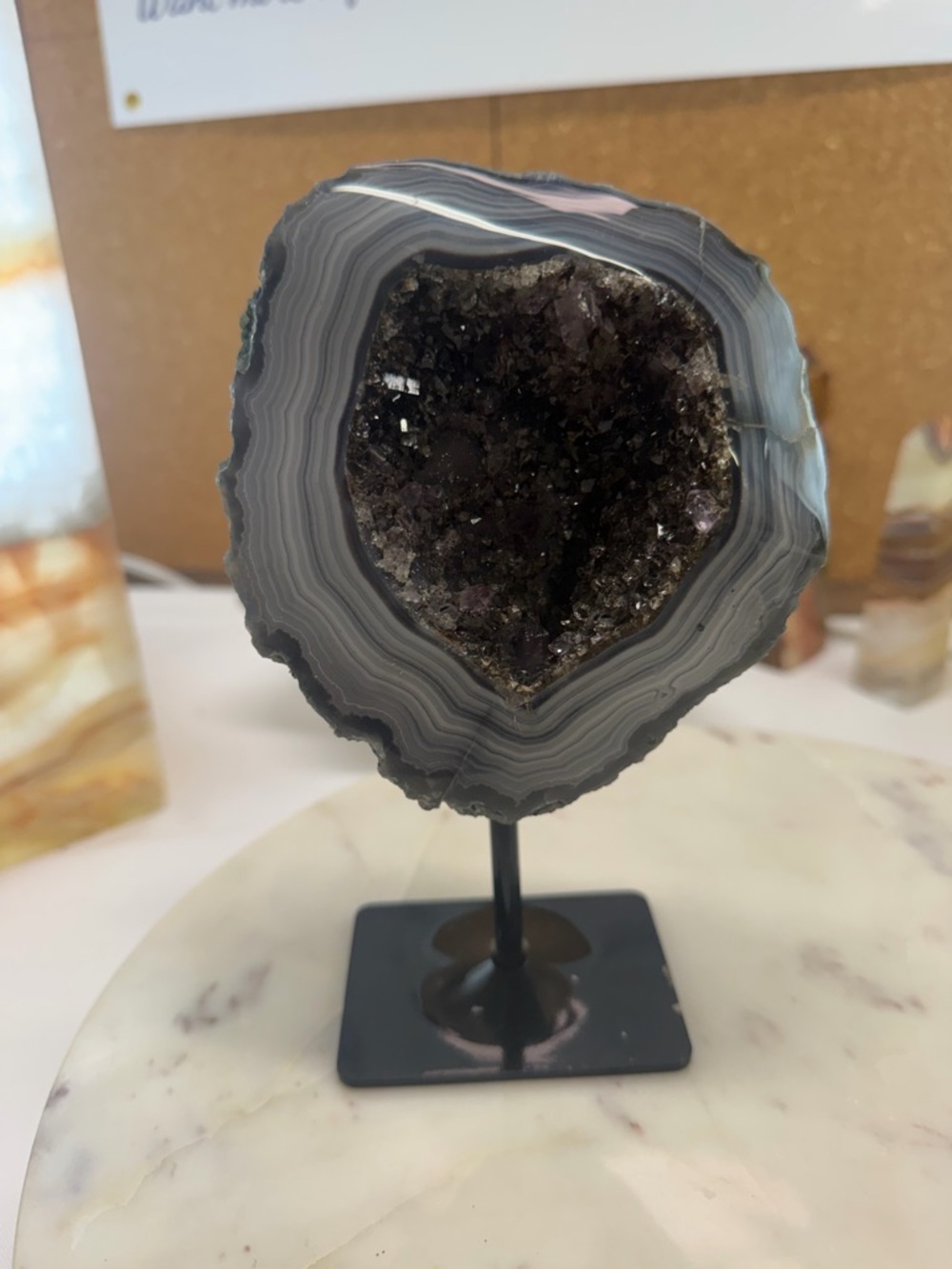 Natural Black Amethyst with Agate Banding on Stand - Gray, Black, Blue